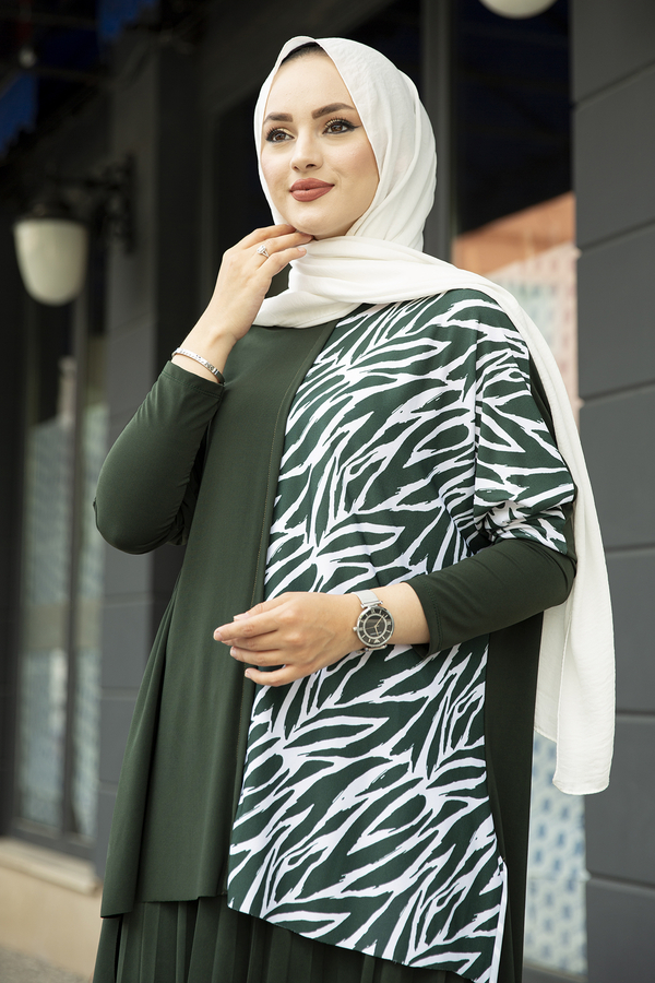E - Desenli Sandy Etekli Tesettür Takım 190E-7730 Haki (1)