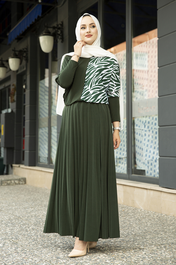 E - Desenli Sandy Etekli Tesettür Takım 190E-7730 Haki