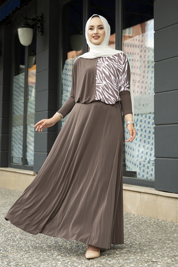 E - Desenli Sandy Etekli Tesettür Takım 190E-7730 Vizon