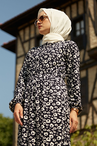 Desenli Süet Tesettür Elbise 8749-7 - Thumbnail