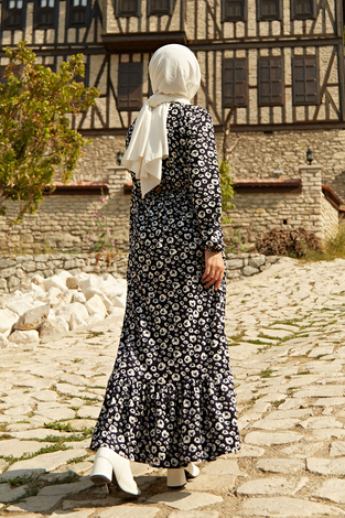Desenli Süet Tesettür Elbise 8749-7 - Thumbnail