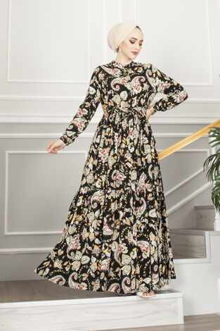 Şal Desenli Tesettür Elbise Siyah - Thumbnail