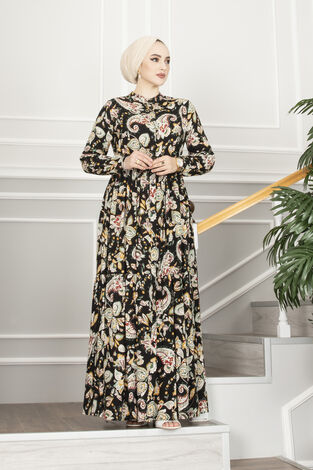 Şal Desenli Tesettür Elbise Siyah - Thumbnail