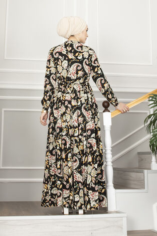 Şal Desenli Tesettür Elbise Siyah - Thumbnail