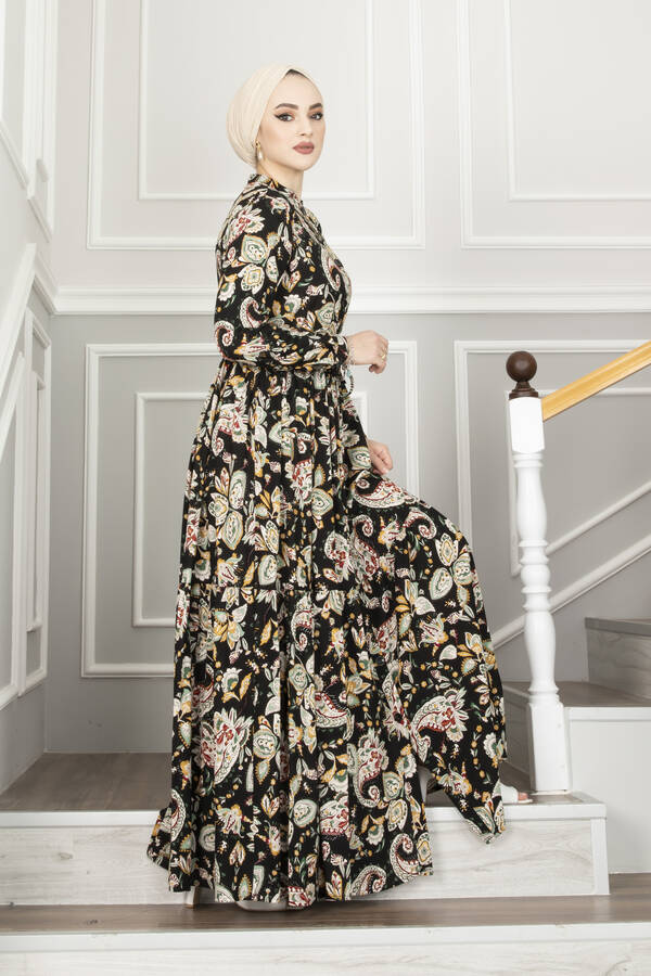 Şal Desenli Tesettür Elbise Siyah