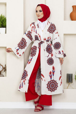Tüy Desenli Tesettür Kimono Kırmızı - Thumbnail