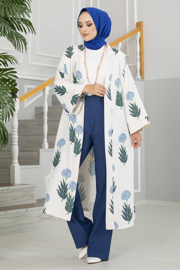 Karahindiba Desenli Tesettür Kimono Mavi