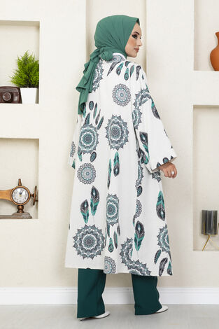Tüy Desenli Tesettür Kimono Yeşil - Thumbnail