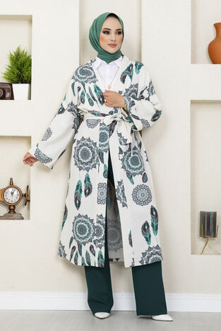 Tüy Desenli Tesettür Kimono Yeşil - Thumbnail