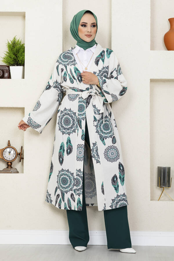 MD - Tüy Desenli Tesettür Kimono Yeşil
