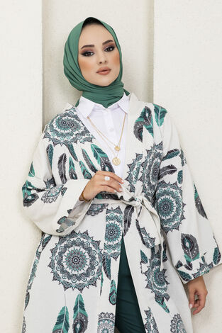 Tüy Desenli Tesettür Kimono Yeşil - Thumbnail