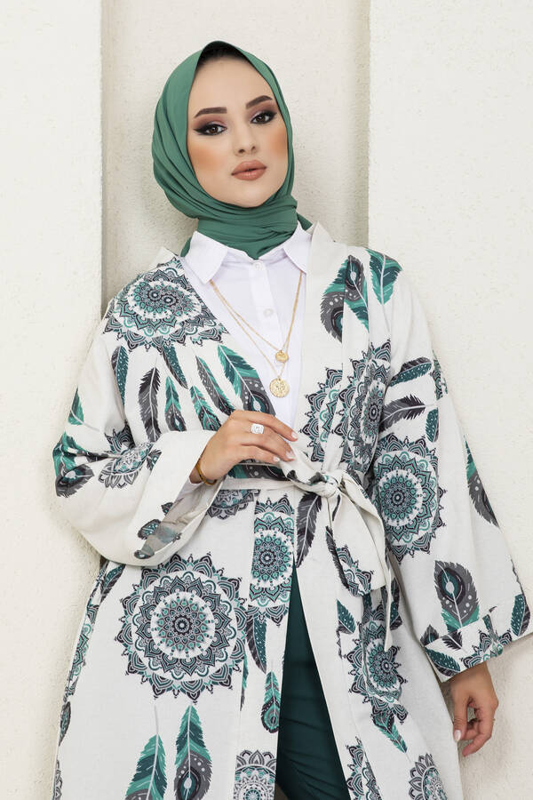 MD - Tüy Desenli Tesettür Kimono Yeşil (1)