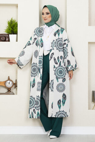Tüy Desenli Tesettür Kimono Yeşil - Thumbnail