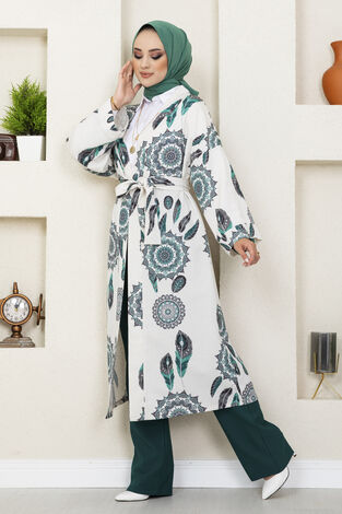 Tüy Desenli Tesettür Kimono Yeşil - Thumbnail