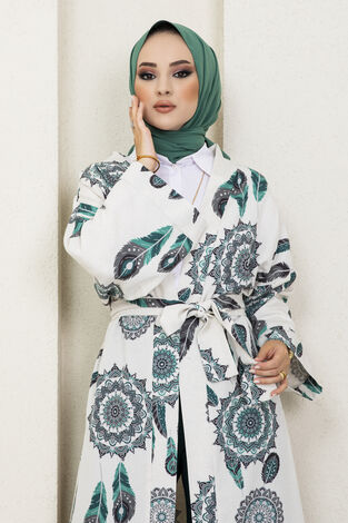 Tüy Desenli Tesettür Kimono Yeşil - Thumbnail