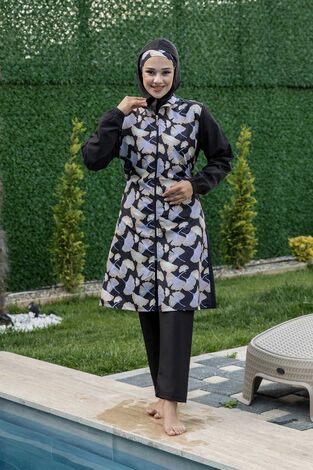 Desenli Tesettür Mayo Siyah - Thumbnail
