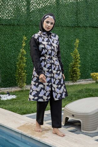Desenli Tesettür Mayo Siyah - Thumbnail