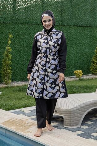 Desenli Tesettür Mayo Siyah - Thumbnail
