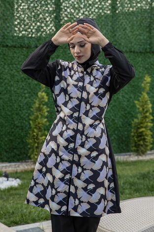 Desenli Tesettür Mayo Siyah - Thumbnail