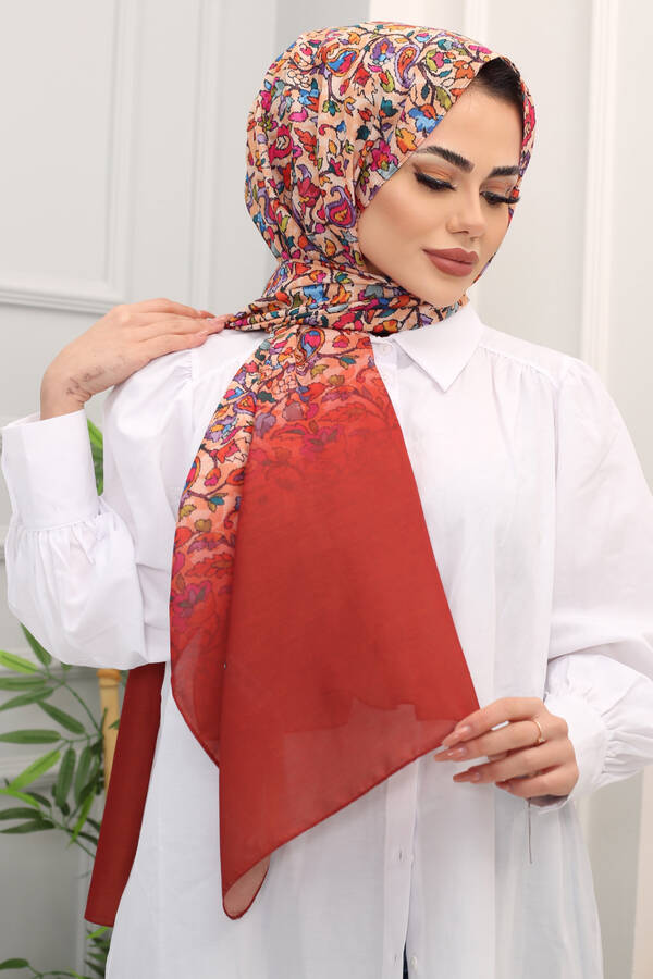 Syn - Çini Desenli Tesettür Şal Kiremit (1)