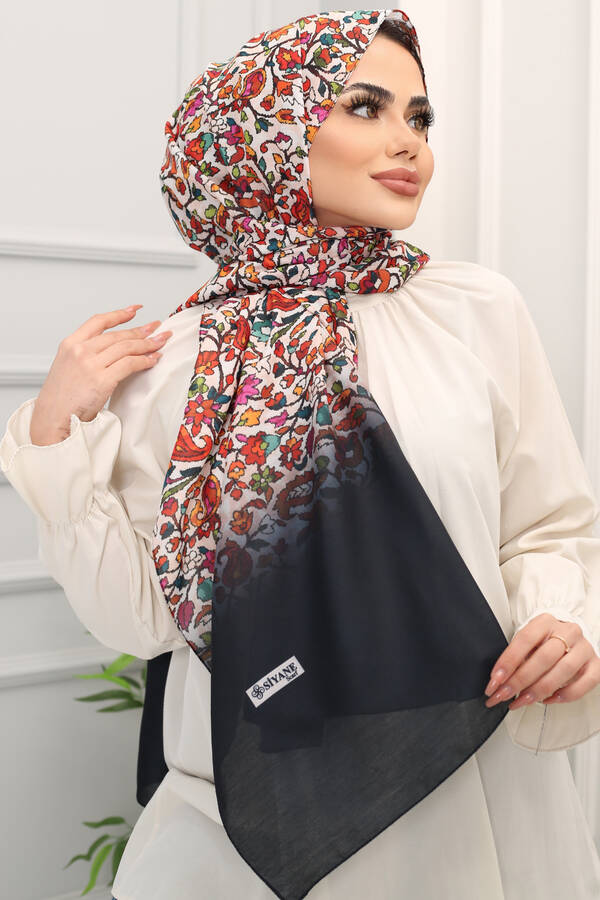 Syn - Çini Desenli Tesettür Şal Siyah