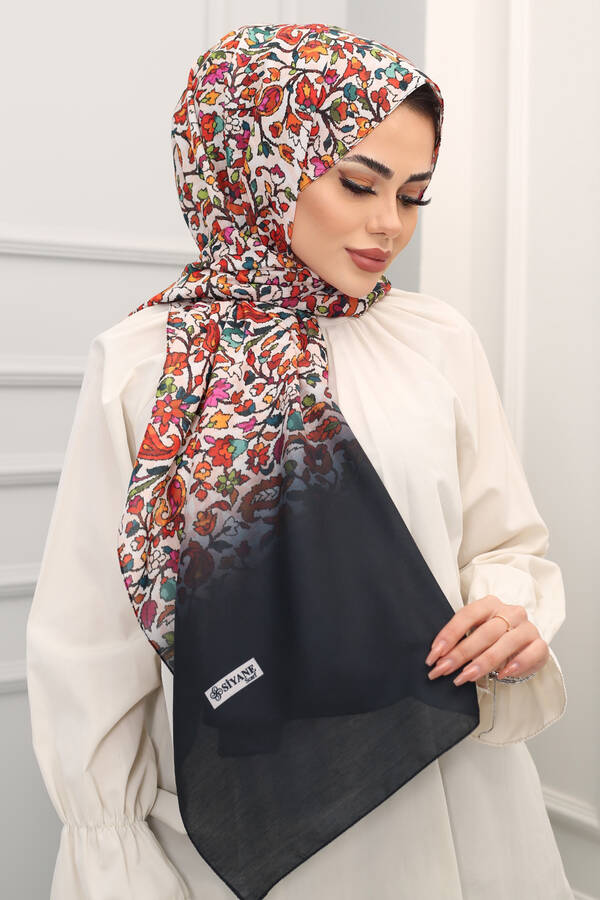 Syn - Çini Desenli Tesettür Şal Siyah (1)