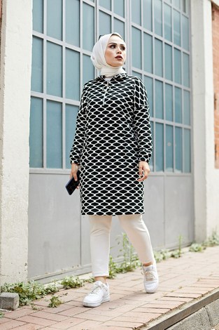 Desenli Tunik 8867-01 siyah beyaz - Thumbnail