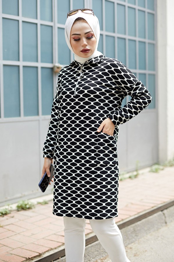 Desenli Tunik 8867-01 siyah beyaz Desenli Tunik 8867-01 siyah beyaz
