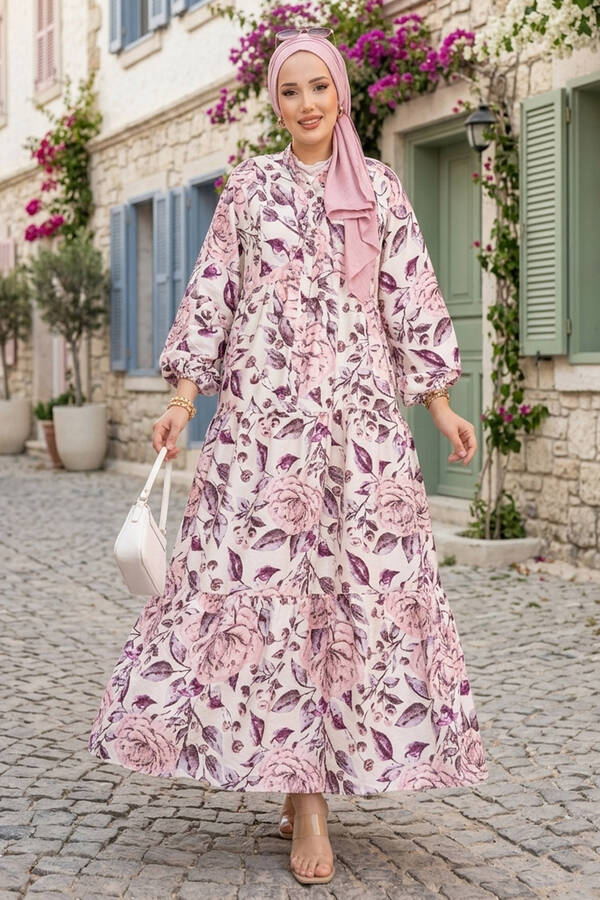 Ums - Desenli Yarım Düğmeli Viskon Elbise Pembe