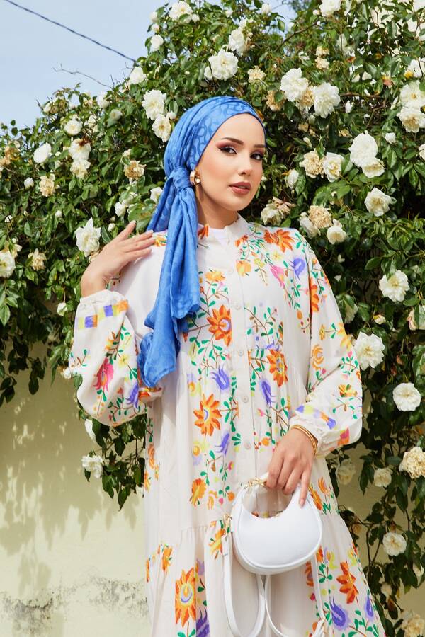 Ums - Desenli Yarım Düğmeli Viskon Salaş Elbise Krem (1) Ums - Desenli Yarım Düğmeli Viskon Salaş Elbise Krem (1)