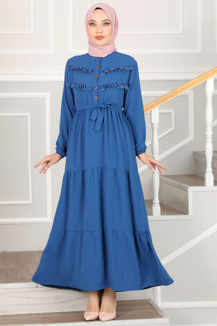 Dorika Fırfır Detaylı Tesettür Elbise İndigo - Thumbnail