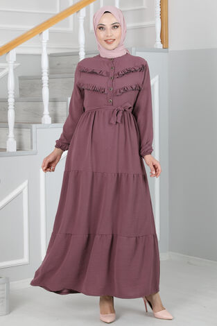 Dorika Fırfır Detaylı Tesettür Elbise Koyu Lavanta - Thumbnail