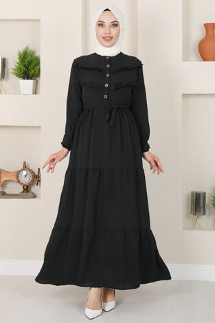 Dorika Fırfır Detaylı Tesettür Elbise Siyah - Thumbnail