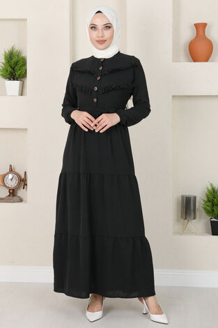 Dorika Fırfır Detaylı Tesettür Elbise Siyah - Thumbnail