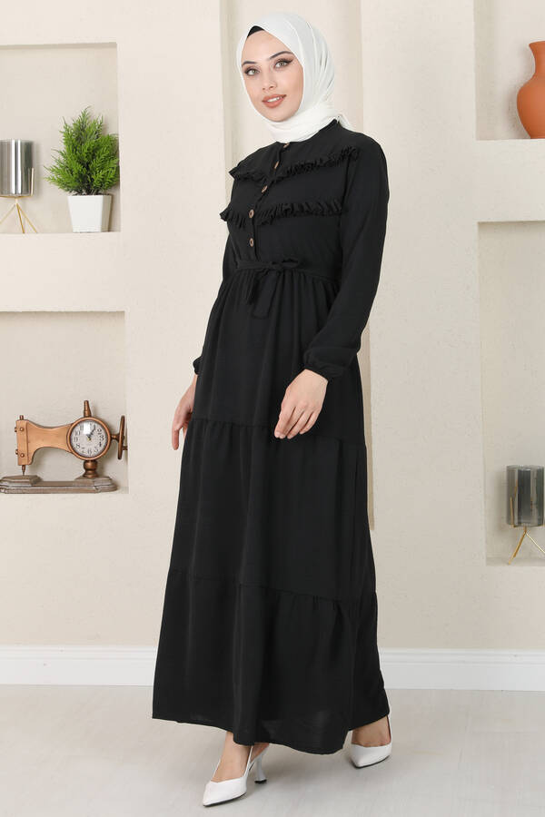 Dorika Fırfır Detaylı Tesettür Elbise Siyah