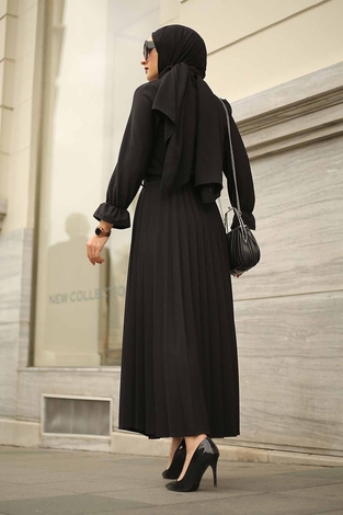 Double Breasted Collar Dress 15293-1 Black - Thumbnail