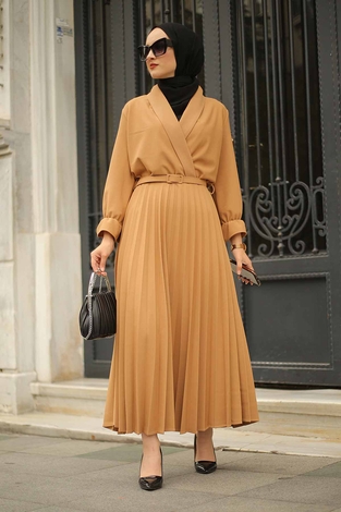 Double Breasted Collar Dress 15293-2 Camel - Thumbnail