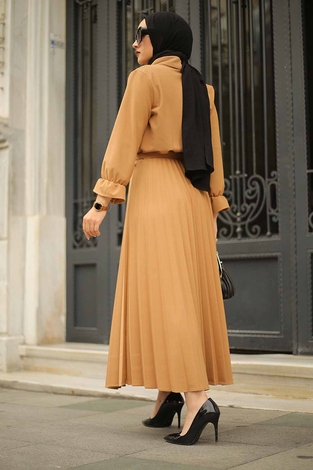 Double Breasted Collar Dress 15293-2 Camel - Thumbnail
