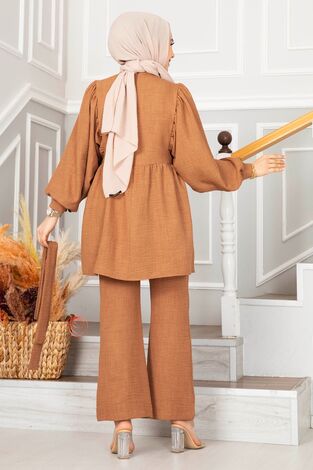 Drapeli Keten Tesettür Takım Taba - Thumbnail