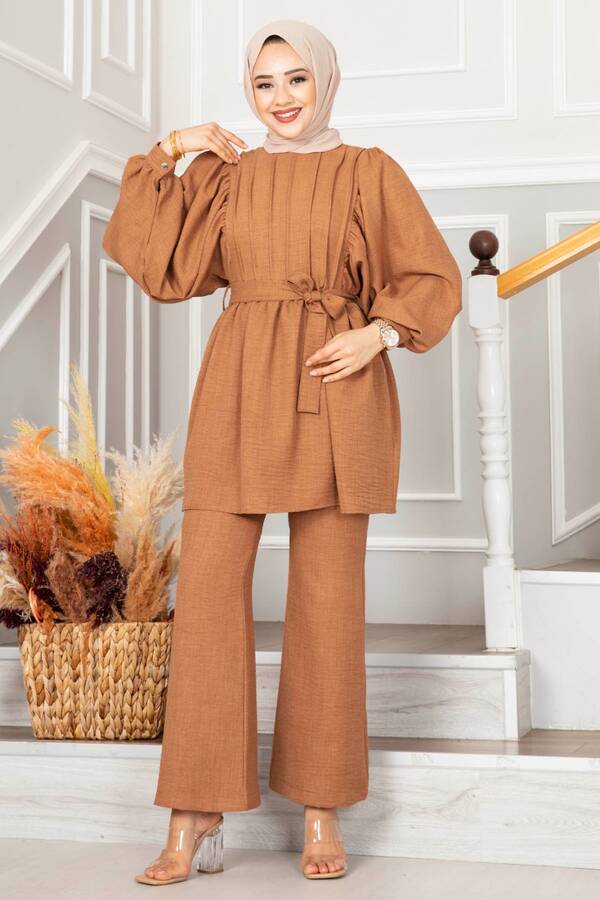 Drapeli Keten Tesettür Takım Taba