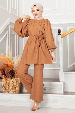 Drapeli Keten Tesettür Takım Taba - Thumbnail