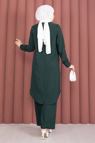 Düğme Aksesuarlı Tunik Pantolonlu Takım Zümrüt - Thumbnail