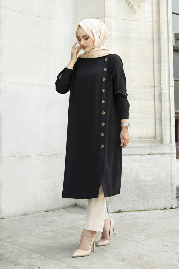 E - Düğme Detaylı Anne Tunik 190E-8772 Siyah
