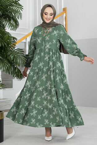 Düğme Detaylı Gül Desen Tesettür Elbise Çimen Yeşili - Thumbnail