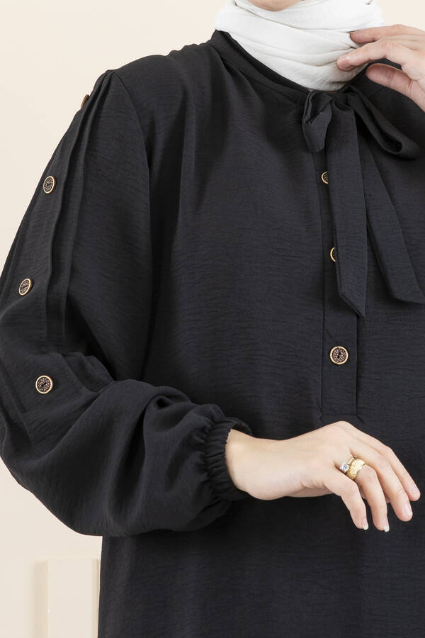 Düğme Detaylı Kravatlı Tesettür Anne Tunik Siyah