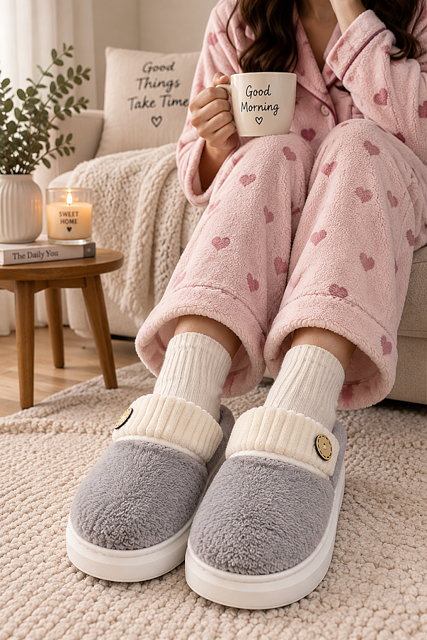 Düğme Detaylı Kürklü Peluş Ev Terliği Gri