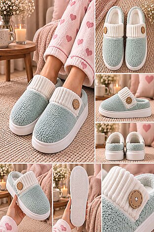 Düğme Detaylı Kürklü Peluş Ev Terliği Mint - 2