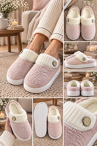 Düğme Detaylı Kürklü Peluş Ev Terliği Pudra - 2