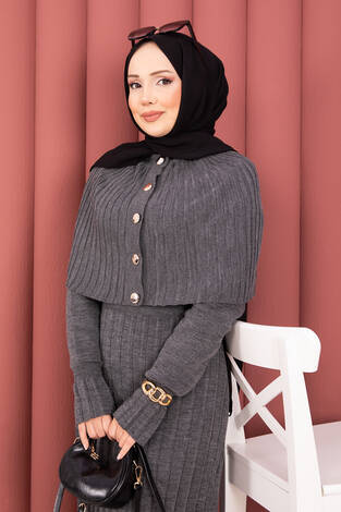 Düğme Detaylı Pelerinli Triko Elbise Takım Füme - Thumbnail