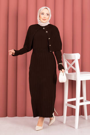 Düğme Detaylı Pelerinli Triko Elbise Takım Kahve - Thumbnail